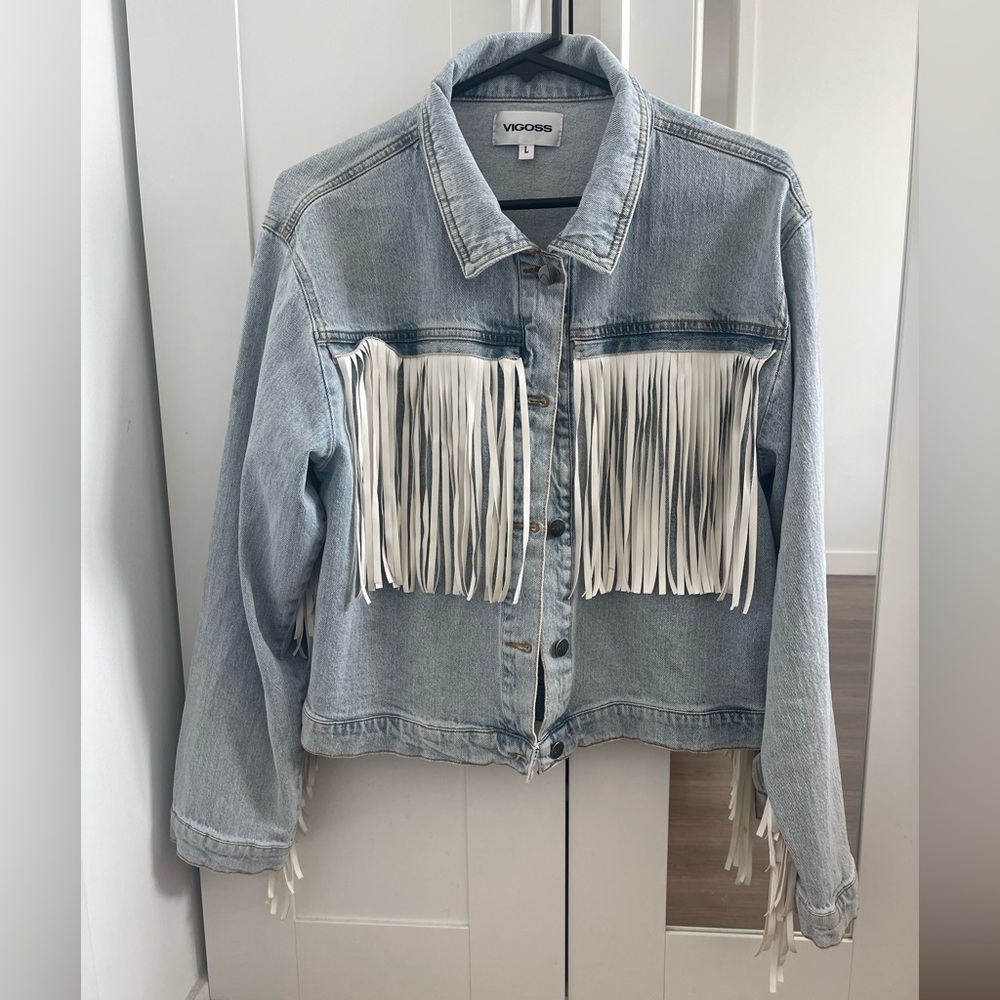 Vigoss Blue white Denim Fringe Jacket.